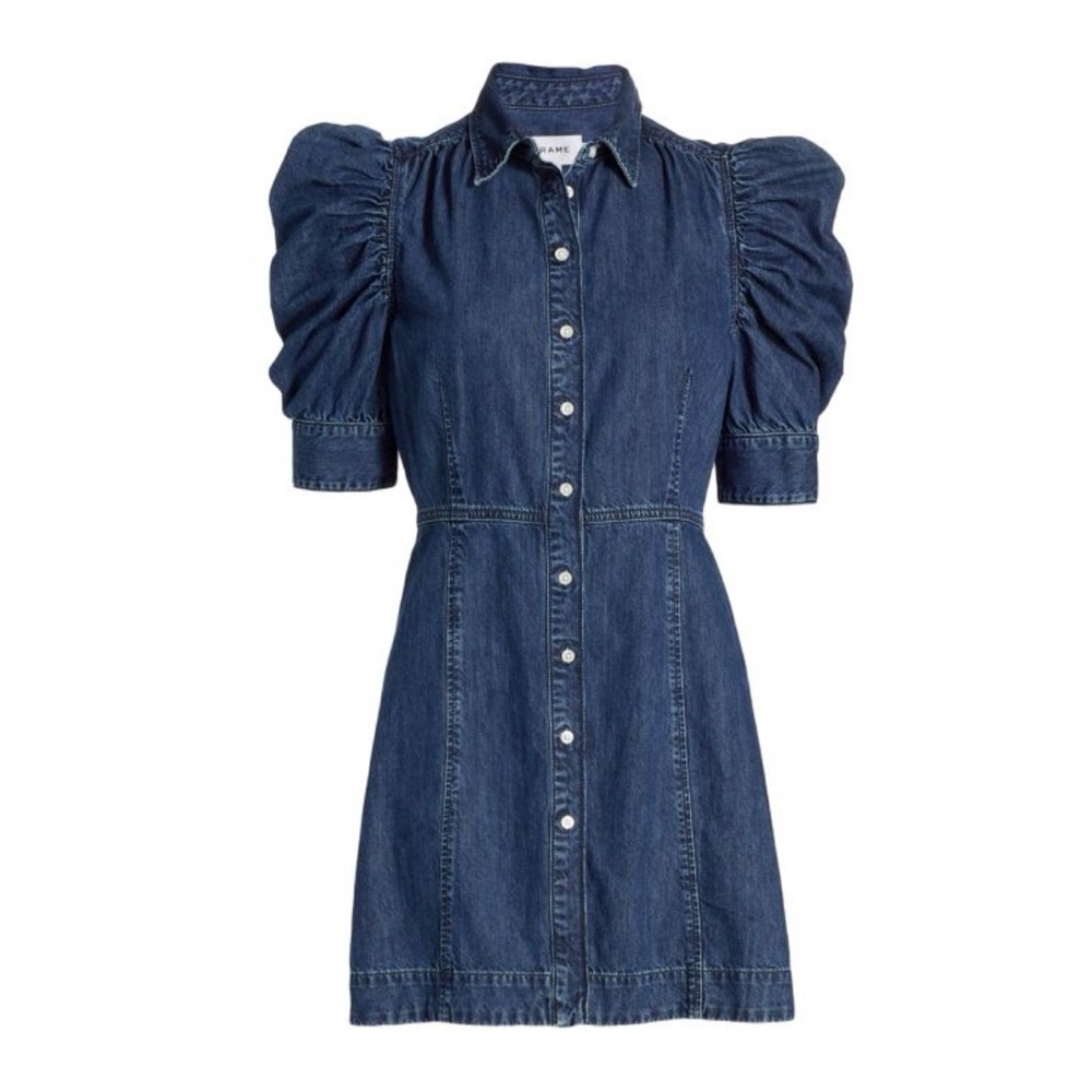 Frame Denim Dark Blue Puff-Sleeve Mini Shirt Dress